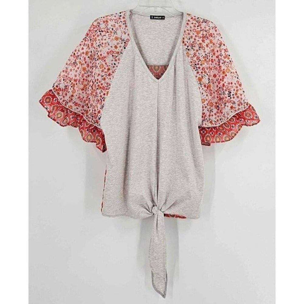 Sheilay V-Neck Tie Front Gray Orange Floral Wide Ruffle Sleeve Lightweight Top M